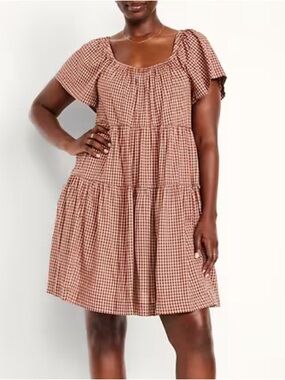Old Navy Rust Gingham Tiered Mini Dress